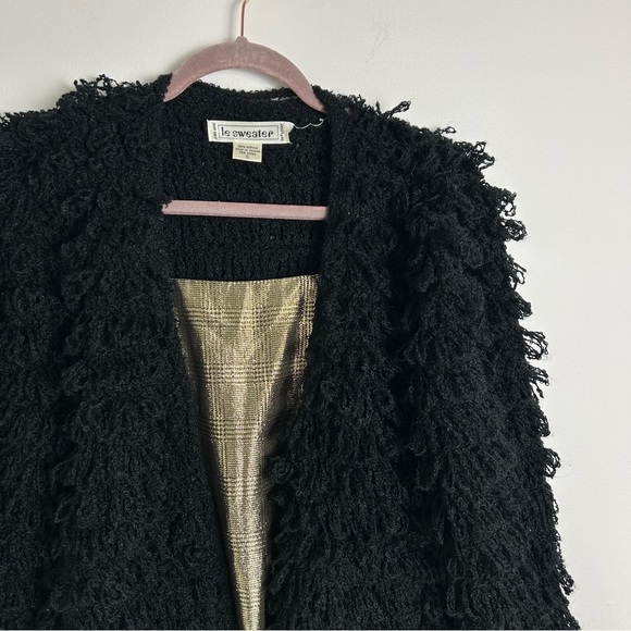 Vintage Le Sweater Black Shag Fringe Button Sweater Jacket - Picture 5 of 9